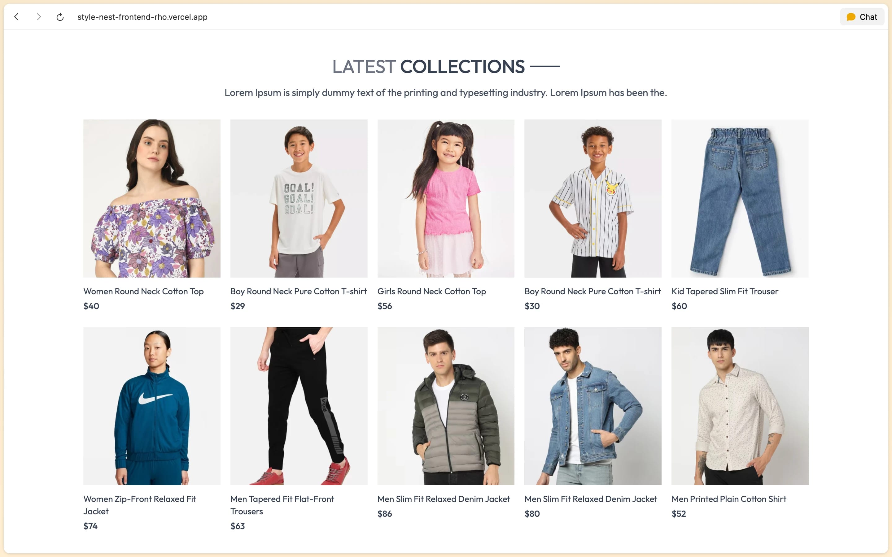 StyleNest Latest Collections product grid showcasing apparel items with prices and ratings